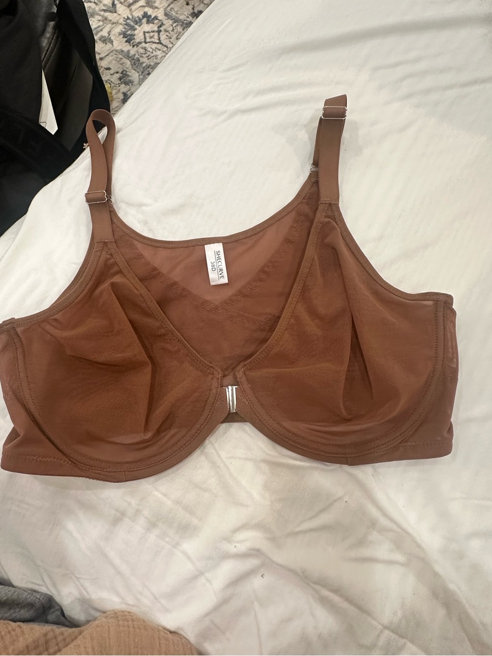 SHECURVE 40D Brown Front Closure Underwire Bra X-Back Smoothing Mesh